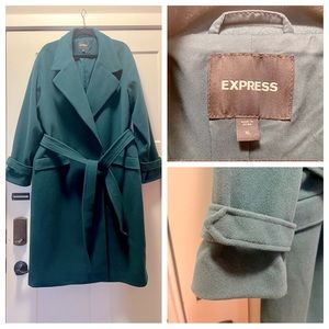 EUC Express Faux Wool Belted Wrap Front Coat Green Size XL